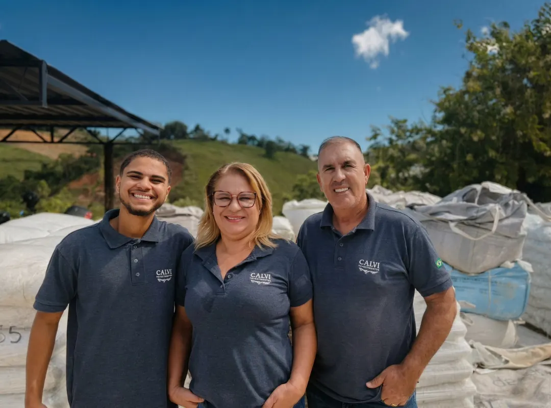 Equipe da Calvi Pedras no pátio, com os sacos de pedra ao fundo