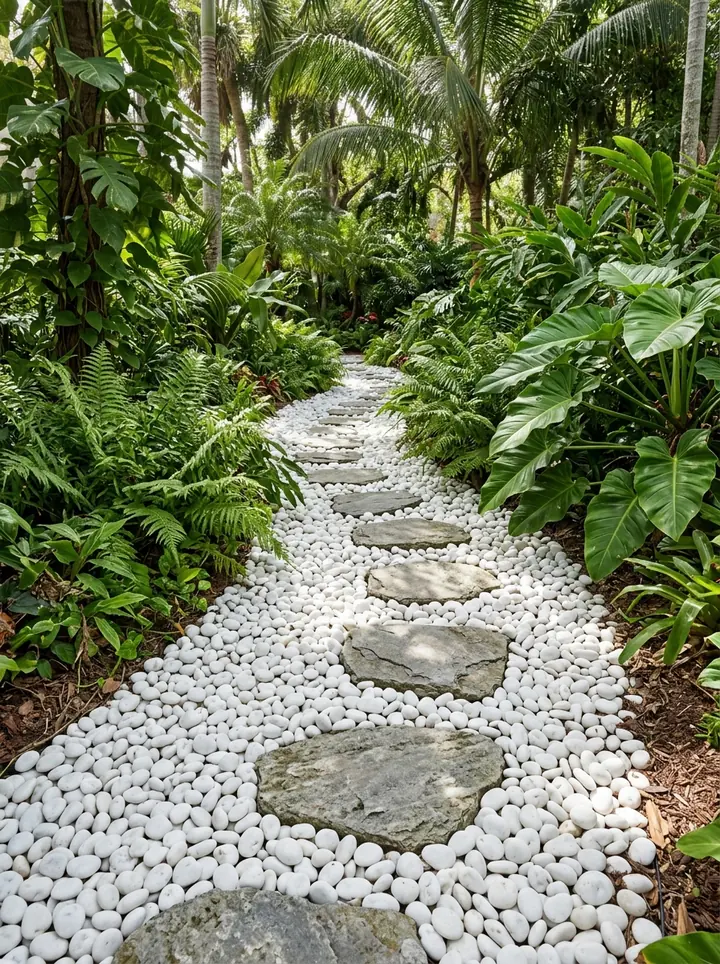Leito de seixo rolado branco atravessado por pedras de passagem num jardim tropical