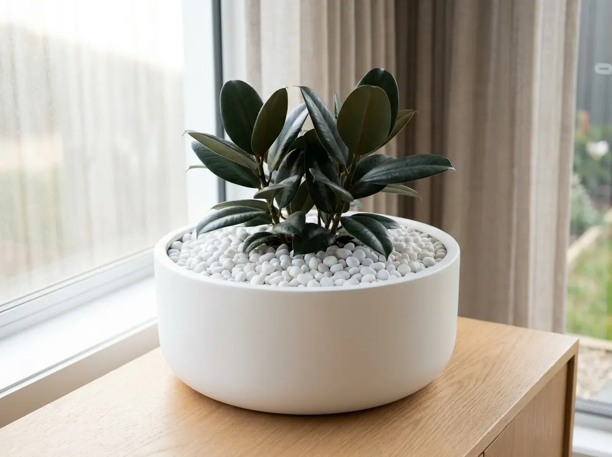 Vaso branco com fícus, a terra coberta de seixo rolado 00